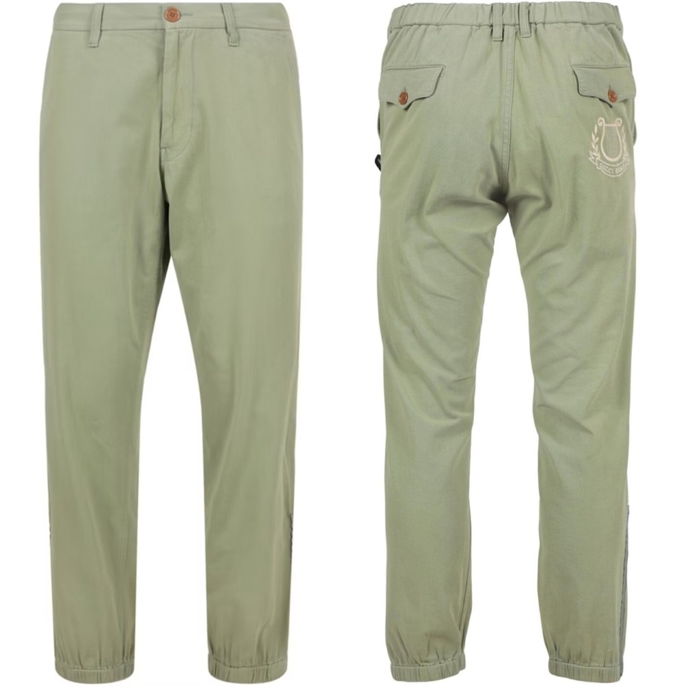 Gucci Embroidered Logo Cotton Pull On Trousers Size 36 NWT Sage Green